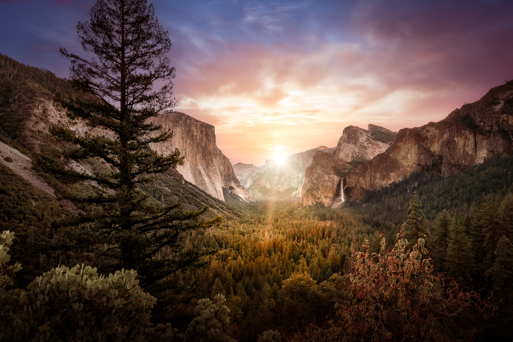 Tunnel View au Yosemite National Park avec le sapin - Panorama au lever du soleil